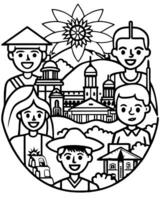 A coloring page with a picture of people and buildings vector