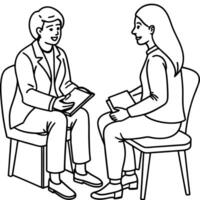 A woman talking to a man in a chair coloring page vector