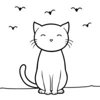A cat coloring page with birds flying around it vector