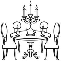 Dining room table with chairs and candle coloring page vector