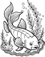 A fish coloring page with plants and water vector