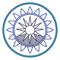 A blue and white circular logo with a sun and waves vector