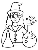 a lab with bottles of colorful potions, spell books, and bubbling flasks, with a young witch or vector