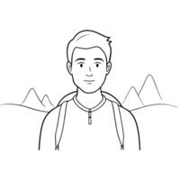 A man with a backpack is standing in front of mountains vector