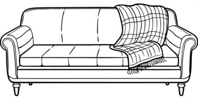 A couch with a blanket and pillows coloring page vector