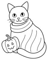 A cat with a pumpkin coloring page vector
