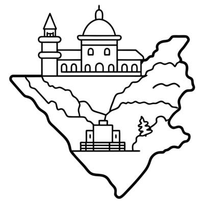A black and white outline of a castle and a church