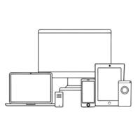 A line drawing of a computer, tablet and phone vector