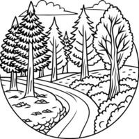 A black and white drawing of a forest with trees and a road vector