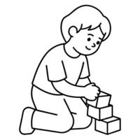 Boy building blocks coloring page vector