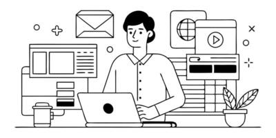 A man is working on a laptop in front of a desk vector