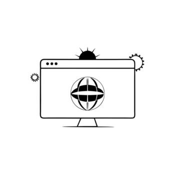A black and white image of a computer screen with a globe on it vector