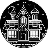 A black and white illustration of a house with a clock on it vector