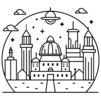 A city with buildings and a spaceship in the background vector
