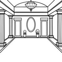 Coloring page of a room with columns and a chandelier vector