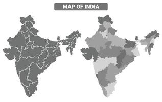 Greyscale India political map with borders of region illustration set vector