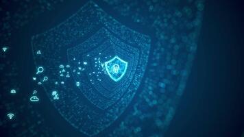 Cyber security concept. Shield With Keyhole icon on digital data background. Illustrates cyber data security or information privacy idea. Blue abstract hi speed internet technology. video