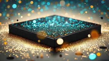 Elegant black square box with sparkling golden and turquoise lights, empty podium stage video