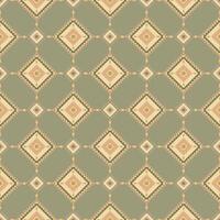 Seamless Ethnic Geometric Pattern with Large Diamond Shapes and Intricate Triangular Motifs in Muted Earth Tones, Featuring Symmetrical Borders and Repetitive Floral Accents vector