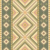 Seamless Ethnic Geometric Pattern with Large Diamond Shapes and Intricate Triangular Motifs in Muted Earth Tones, Featuring Symmetrical Borders and Repetitive Floral Accents vector
