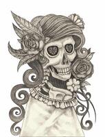 Fancy model skull day of the dead design by hand drawing on paper and make graphic . vector