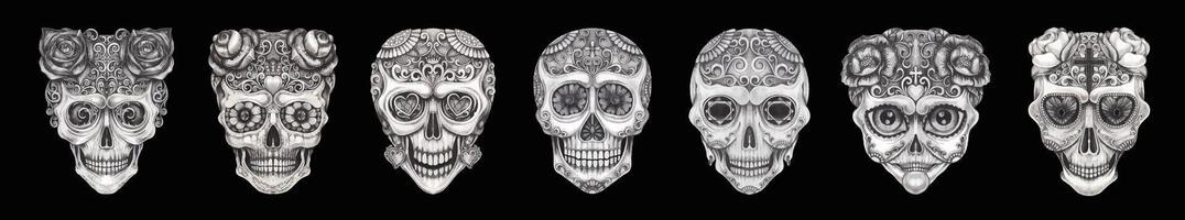 Skull head art banner pattern for day of the dead hand drawing and make graphic . vector