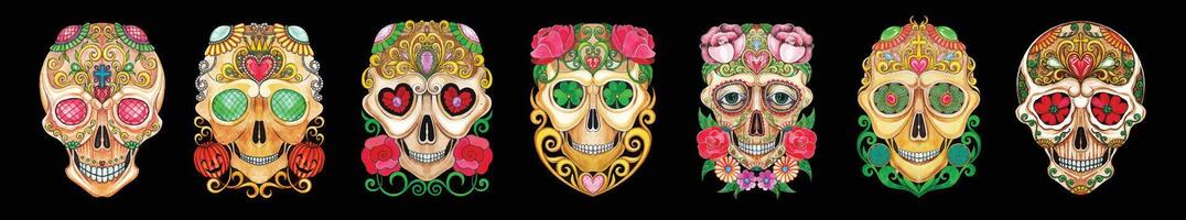 Art fancy skull banner pattern for day of the dead hand drawing and make graphic . vector