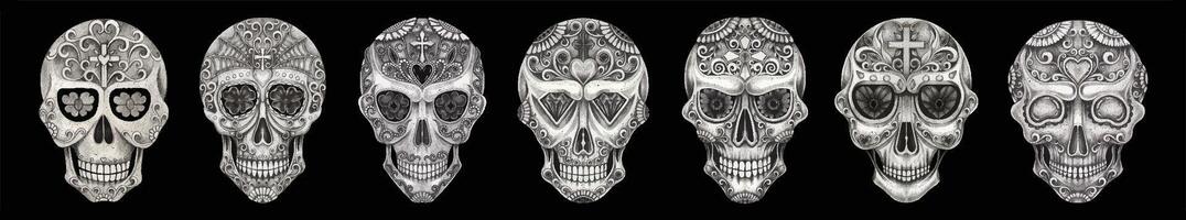Skull mix vintage art banner pattern for day of the dead hand drawing and make graphic . vector