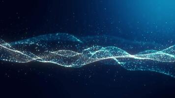 Abstract digital blue color wave with flowing small particles dance motion on wave and light abstract background. Cyber or technology background. Seamless 4K loop. video