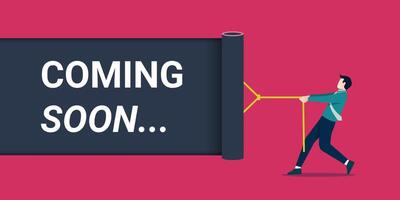Coming soon message written on ripped black paper background, revealing text of coming soon concept vector