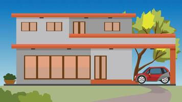 or illustration of a private minimal house with a garage and a red car. Decorate the garden with pot tree and big tree backside of garage. Background of gradient blue sky. vector