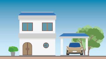or illustration of a private minimal house with a garage and a car. Background of pot tree and big tree backside of garage. Background of gradient blue sky. vector