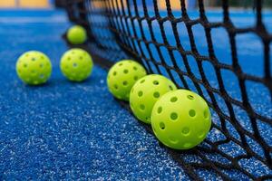 Green pickleball balls at the base of the net, new racket sport concept photo