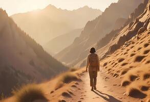 A person walking down a path in the mountains photo