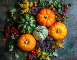 Autumn background with colorful pumpkins, colorful leaves and rowan berries photo