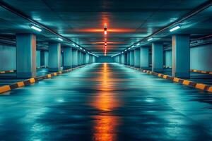 A long empty parking garage with yellow lights photo
