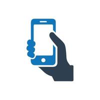 Hand holding a smartphone icon on a white background vector