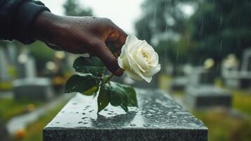 Hand placing a white rose on a wet gravestone in a rainy cemetery, symbolizing a quiet moment of reflection and loss photo