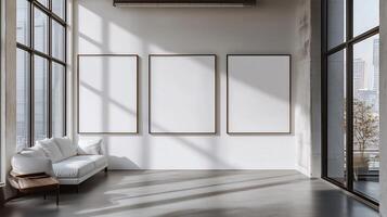 Spacious modern art gallery with large floor to ceiling windows and blank frames illuminated by natural light photo