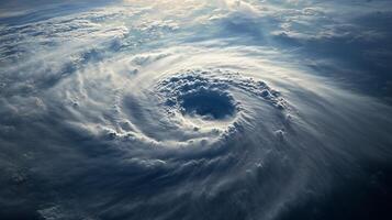 Aerial view of a powerful swirling hurricane with dramatic clouds and intense atmospheric motion photo