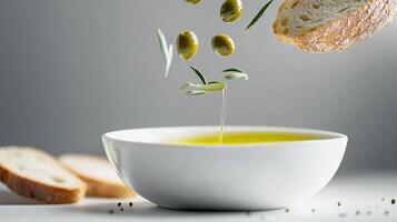 Fresh olive oil with floating olives and bread in motion on a clean background in a culinary concept photo
