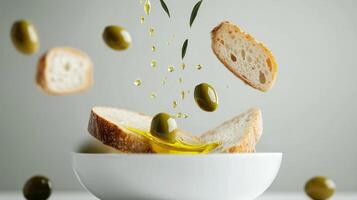 Floating olives and bread slices with olive oil splashing in a bowl on a clean background in a culinary concept photo