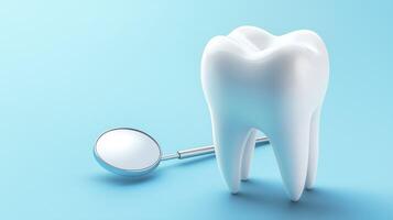 3D illustration of a large tooth with a dental mirror on a light blue background for oral care photo