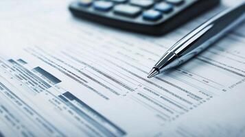 Close-up of financial documents with a pen and calculator for business analysis photo