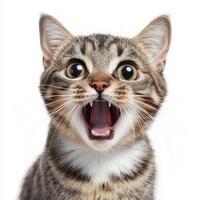 Playful close-up portrait of a tabby cat with wide eyes and open mouth, energetic and expressive animal image photo