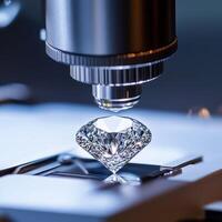 Brilliant diamond under a microscope with high precision optics for scientific inspection, highlighting cut and clarity photo