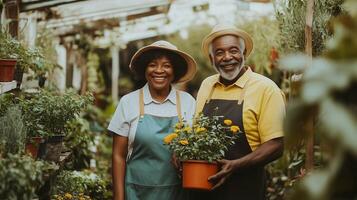 Smiling senior couple enjoying gardening together with potted flowers in a lush outdoor garden setting photo