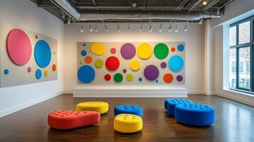 Modern art gallery with colorful abstract geometric installations and vibrant seating in a contemporary exhibition space photo