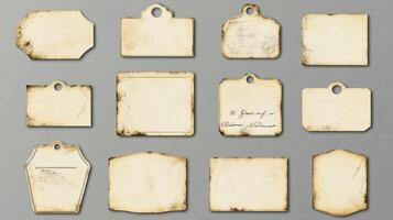 Collection of vintage blank paper tags with weathered edges and handwritten marks on a neutral background photo