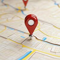 Red location pin on a detailed city map representing navigation, geography, and route planning for travel photo